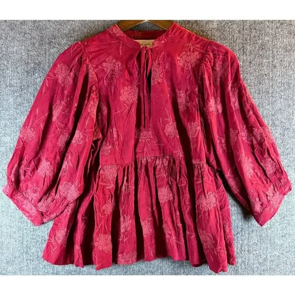 Dear John Malia 3/4 Sleeve V-Neck Top Red Dahlia Medium Floral Embroidery Casual - Picture 1 of 3